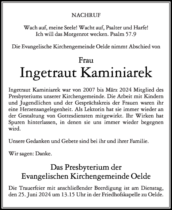 Traueranzeige von Ingetraut Kaminiarek von Die Glocke