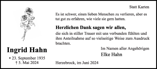 Traueranzeige von Ingrid Hahn von Die Glocke