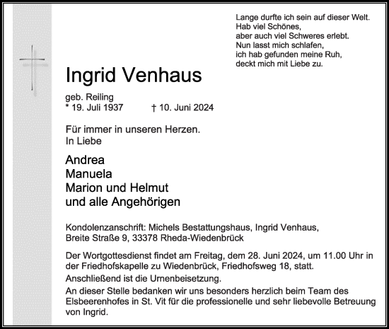 Traueranzeige von Ingrid Venhaus von Die Glocke