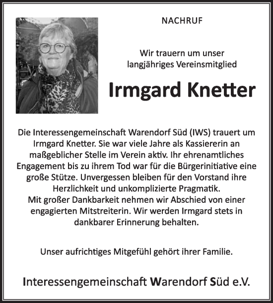 Traueranzeige von Irmgard Knetter von Die Glocke