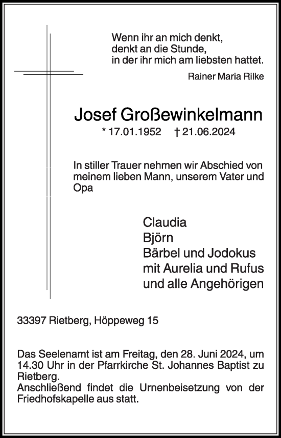 Traueranzeige von Josef Großewinkelmann von Die Glocke