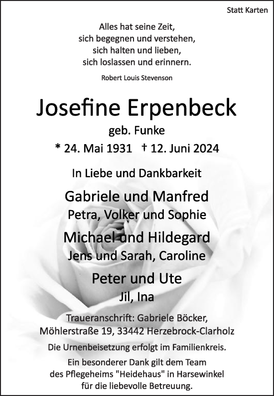 Traueranzeige von Josefine Erpenbeck von Die Glocke