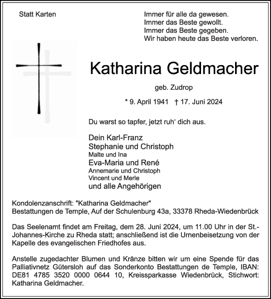 Traueranzeige von Katharina Geldmacher von Die Glocke