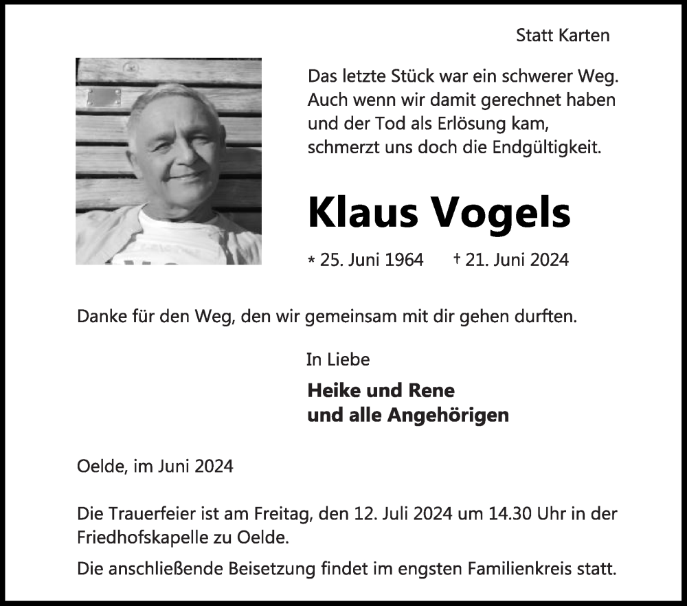  Traueranzeige für Klaus Vogels vom 29.06.2024 aus Die Glocke