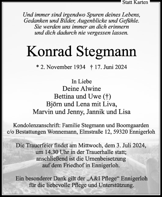 Traueranzeige von Konrad Stegmann von Die Glocke