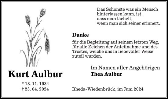 Traueranzeige von Kurt Aulbur von Die Glocke