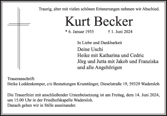 Traueranzeige von Kurt Becker von Die Glocke