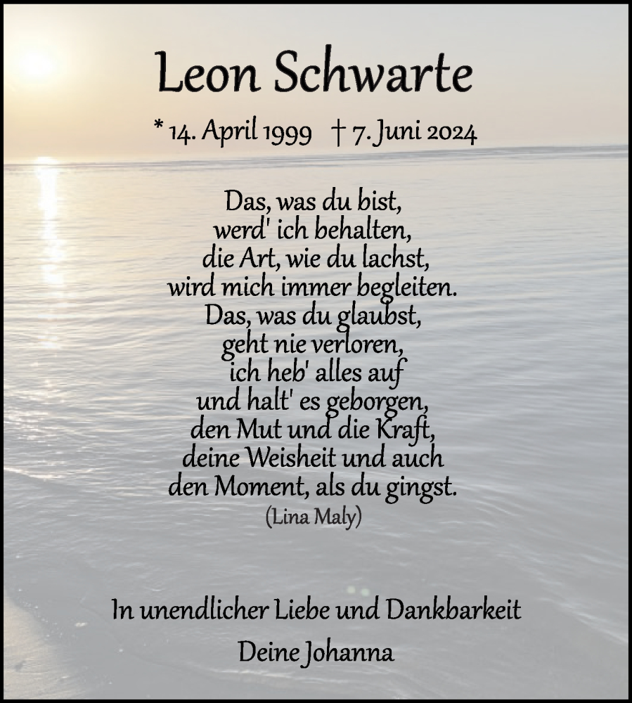  Traueranzeige für Leon Schwarte vom 13.06.2024 aus Die Glocke