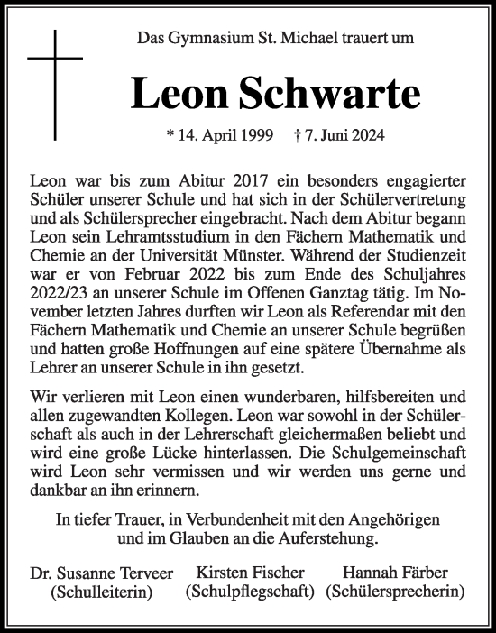 Traueranzeige von Leon Schwarte von Die Glocke