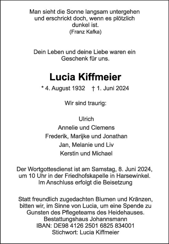Traueranzeige von Lucia Kiffmeier von Die Glocke