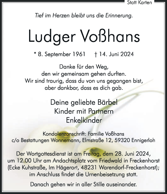 Traueranzeige von Ludger Voßhans von Die Glocke