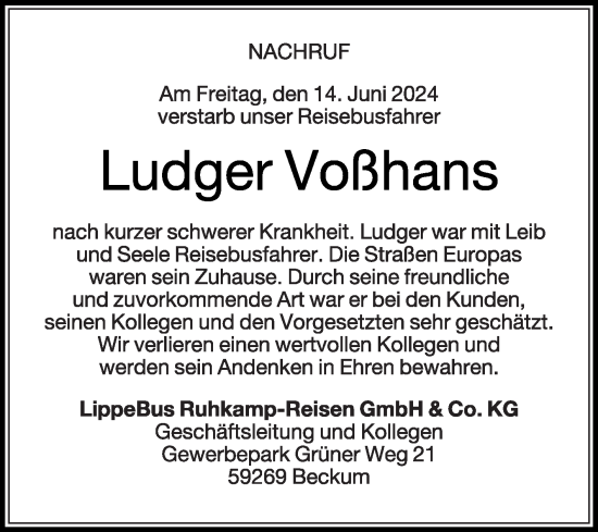 Traueranzeige von Ludger Voßhans von Die Glocke