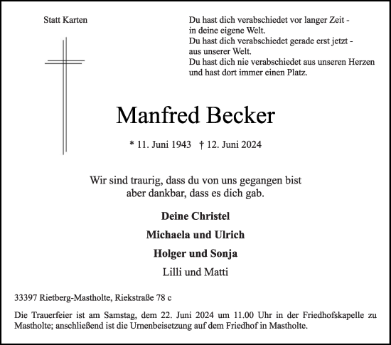 Traueranzeige von Manfred Becker von Die Glocke