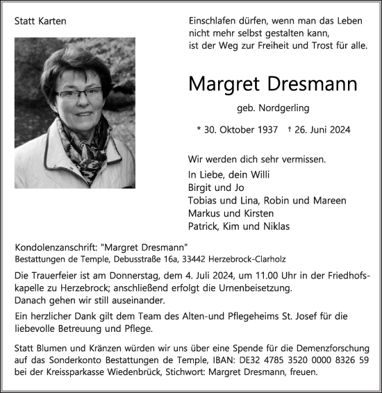 Traueranzeige von Margret Dresmann von Die Glocke