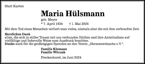 Traueranzeige von Maria Hülsmann von Die Glocke