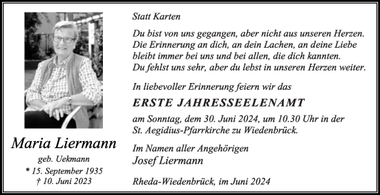 Traueranzeige von Maria Liermann von Die Glocke