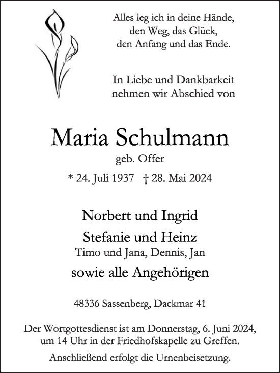 Traueranzeige von Maria Schulmann von Die Glocke