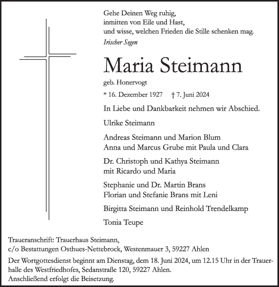 Traueranzeige von Maria Steimann von Die Glocke