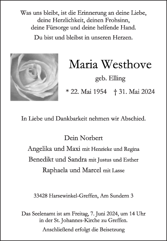 Traueranzeige von Maria Westhove von Die Glocke