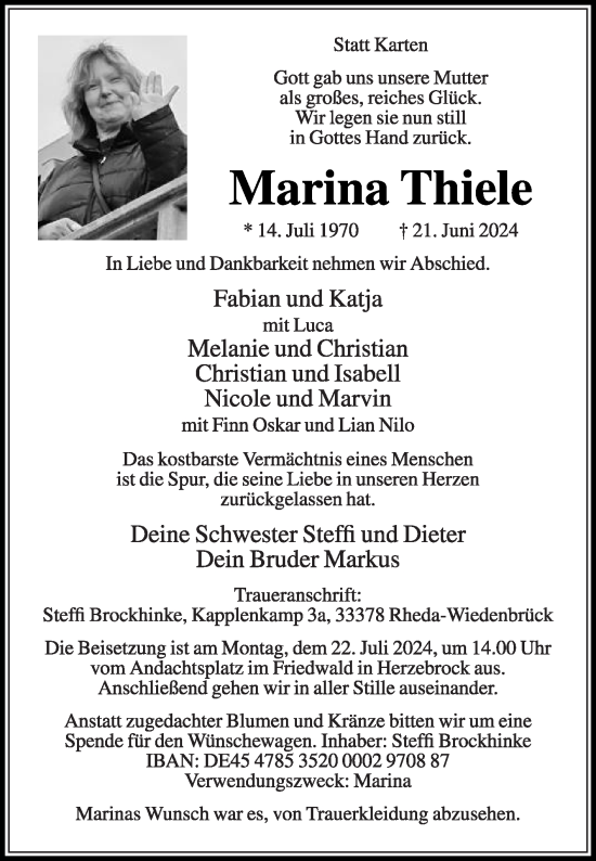 Traueranzeige von Marina Thiele von Die Glocke