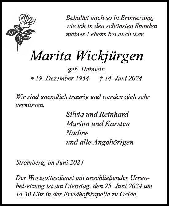 Traueranzeige von Marita Wickjürgen von Die Glocke