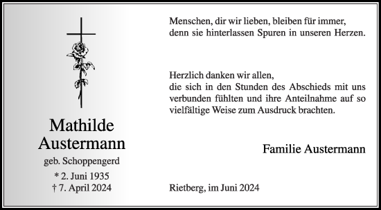 Traueranzeige von Mathilde Austermann von Die Glocke