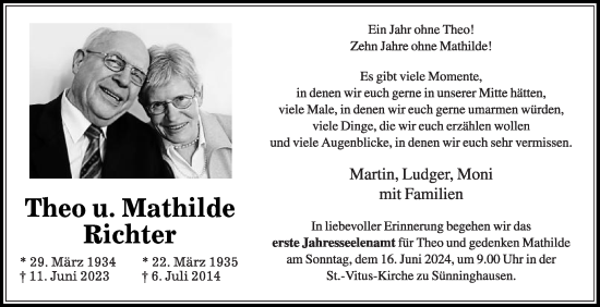Traueranzeige von Mathilde Richter von Die Glocke