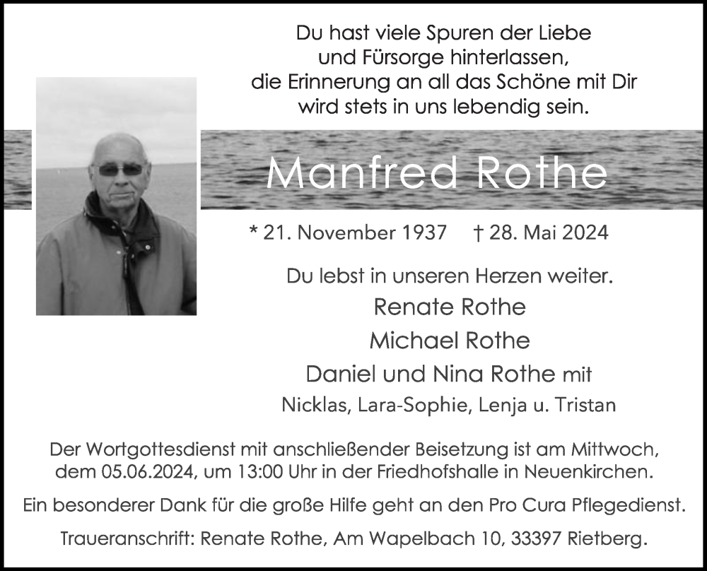  Traueranzeige für Manfred Rothe vom 01.06.2024 aus Die Glocke