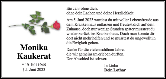 Traueranzeige von Monika Kaukerat von Die Glocke