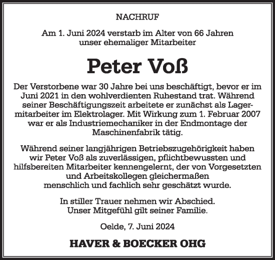 Traueranzeige von Peter Voß von Die Glocke