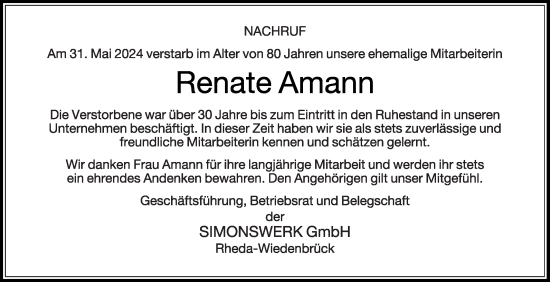 Traueranzeige von Renate Amann von Die Glocke