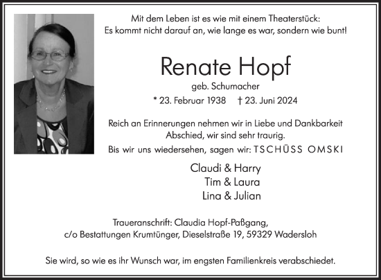 Traueranzeige von Renate Hopf von Die Glocke