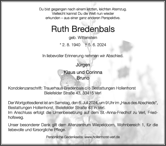 Traueranzeige von Ruth Bredenbals von Die Glocke