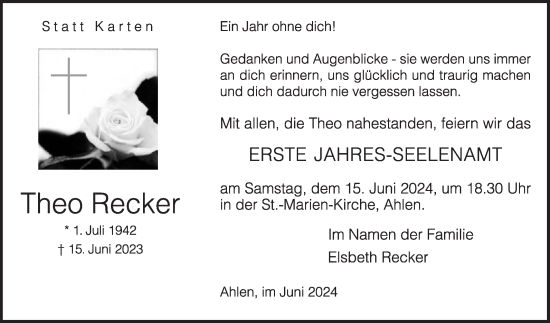 Traueranzeige von Theo Recker von Die Glocke