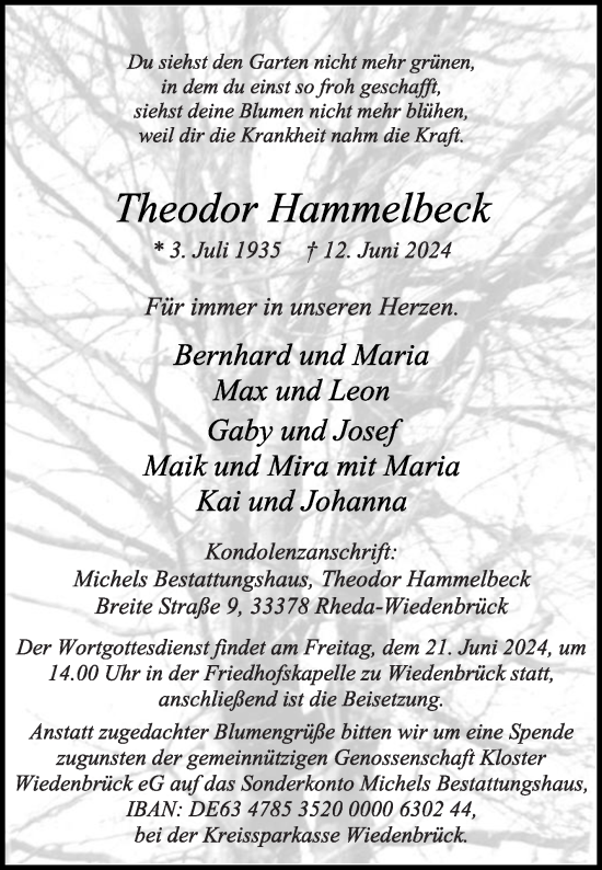 Traueranzeige von Theodor Hammelbeck von Die Glocke