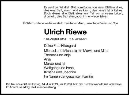 Traueranzeige von Ulrich Riewe von Die Glocke