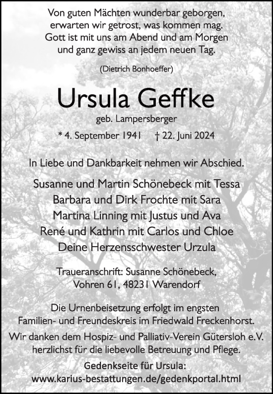 Traueranzeige von Ursula Geffke von Die Glocke