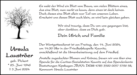 Traueranzeige von Ursula Lauströer von Die Glocke