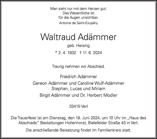 Traueranzeige von Waltraud Adämmer von Die Glocke