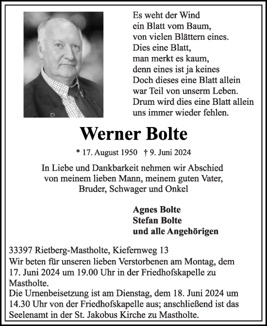 Traueranzeige von Werner Bolte von Die Glocke