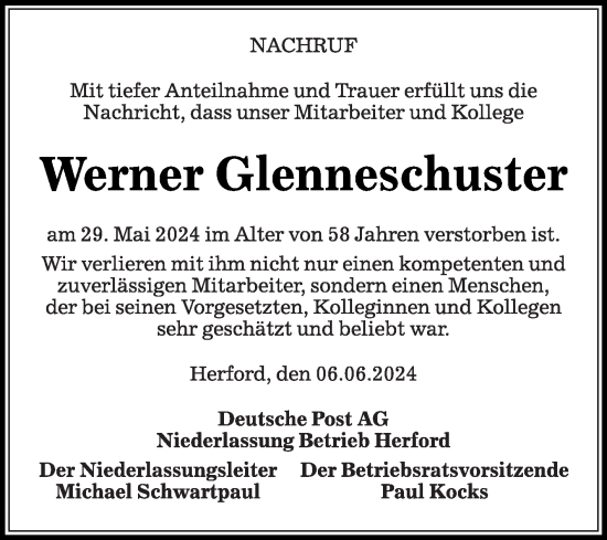 Traueranzeige von Werner Glenneschuster von Die Glocke