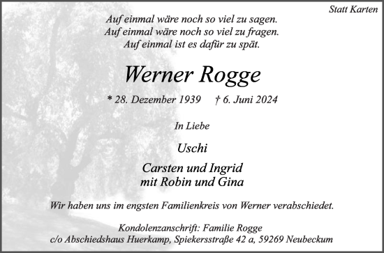 Traueranzeige von Werner Rogge von Die Glocke