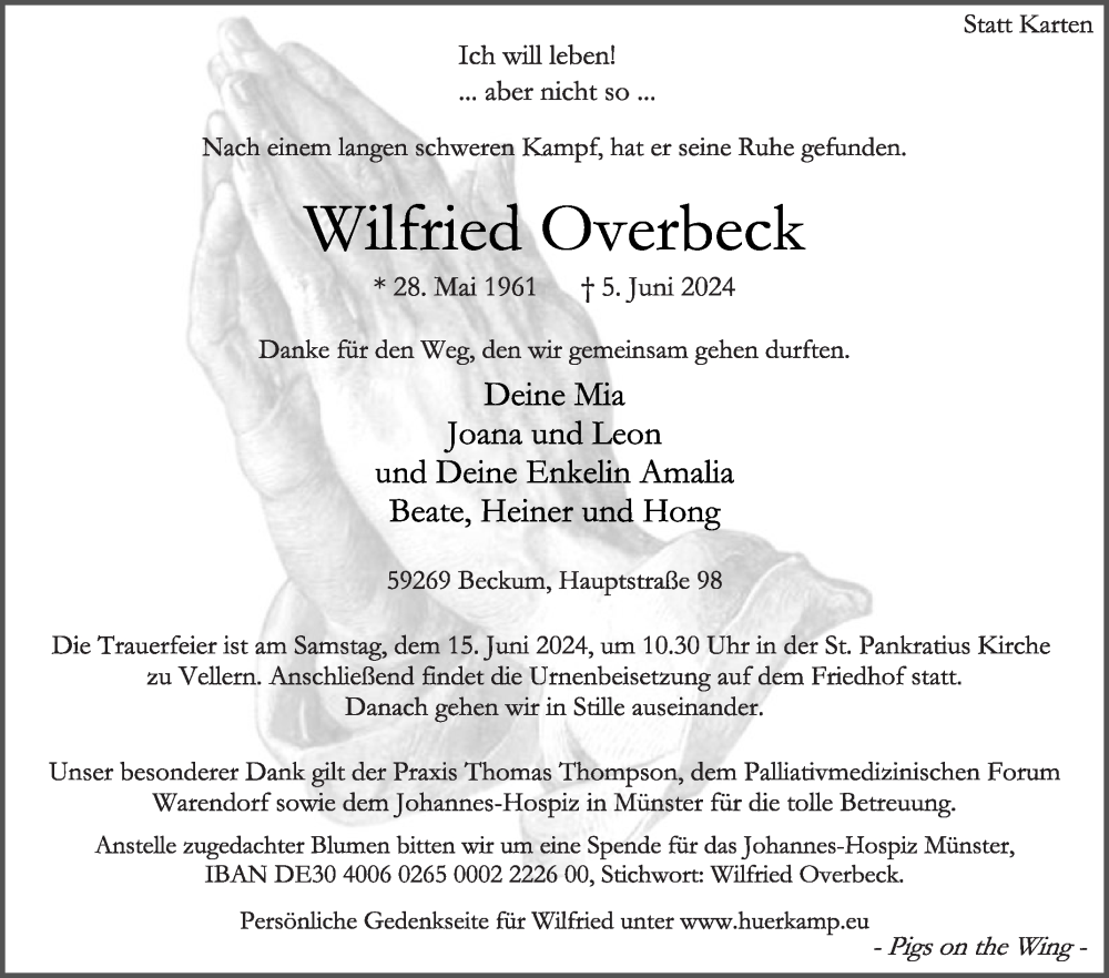  Traueranzeige für Wilfried Overbeck vom 08.06.2024 aus Die Glocke