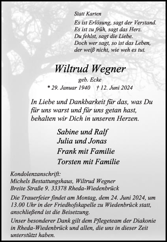 Traueranzeige von Wiltrud Wegner von Die Glocke