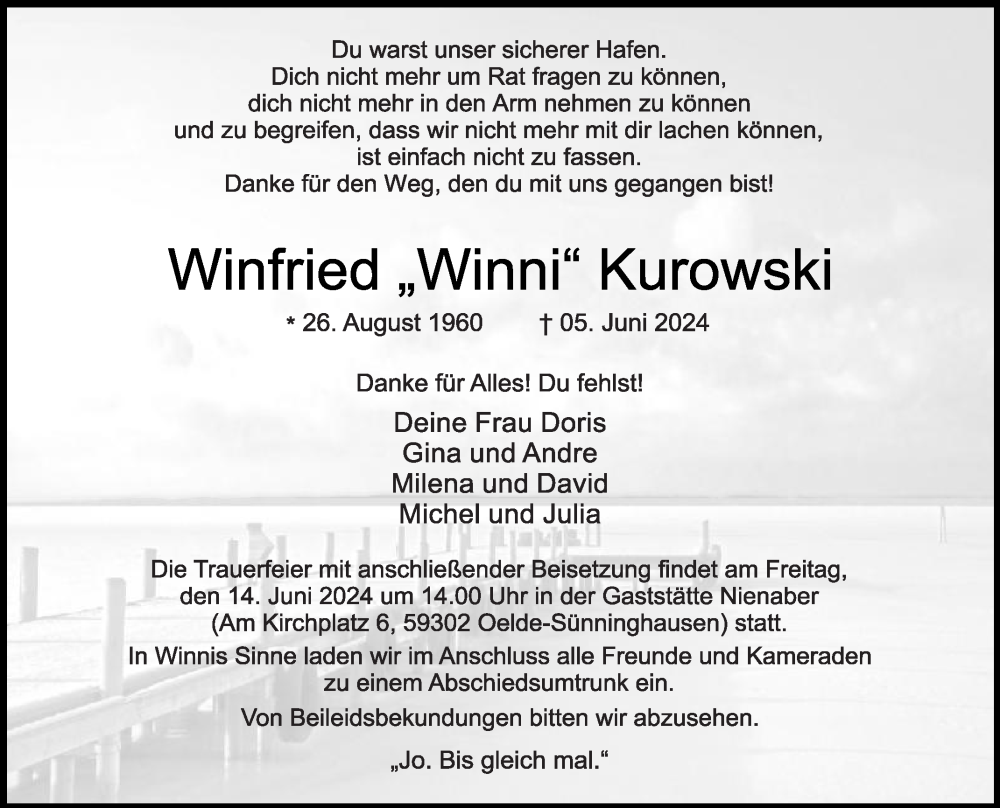  Traueranzeige für Winfried  Kurowski vom 08.06.2024 aus Die Glocke