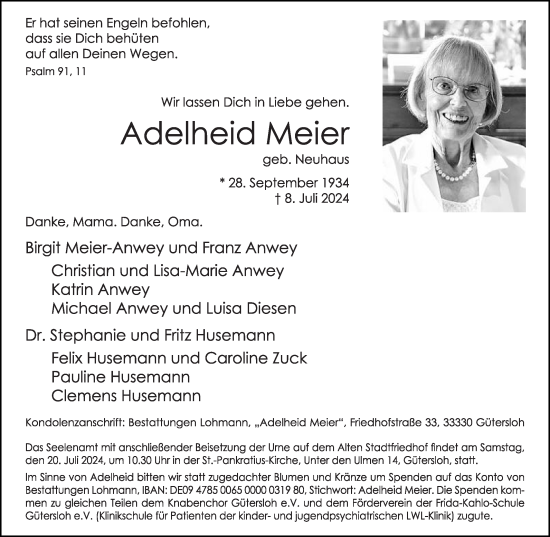Traueranzeige von Adelheid Meier von Die Glocke
