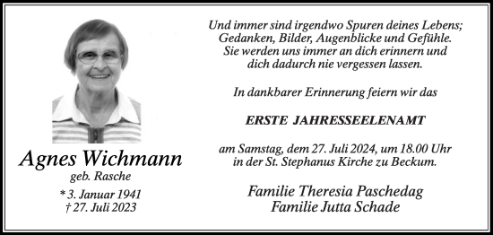 Traueranzeige von Agnes Wichmann von Die Glocke