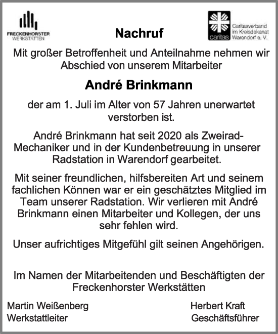 Traueranzeige von André Brinkmann von Die Glocke