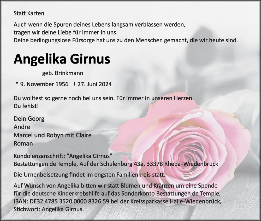  Traueranzeige für Angelika Girnus vom 06.07.2024 aus Die Glocke