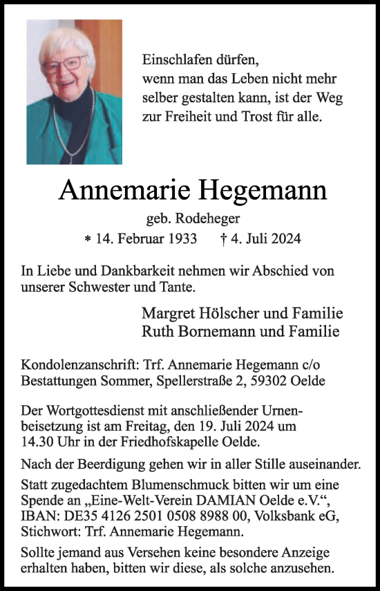 Traueranzeige von Annemarie Hegemann von Die Glocke